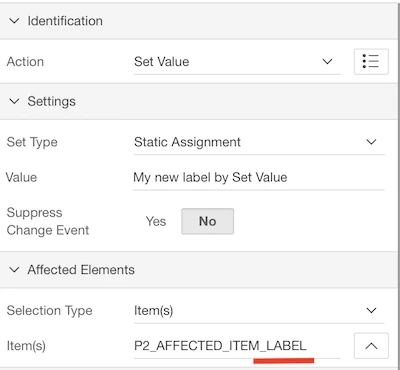 Use the Set Value dynamic action but add _LABEL to change the label of the item